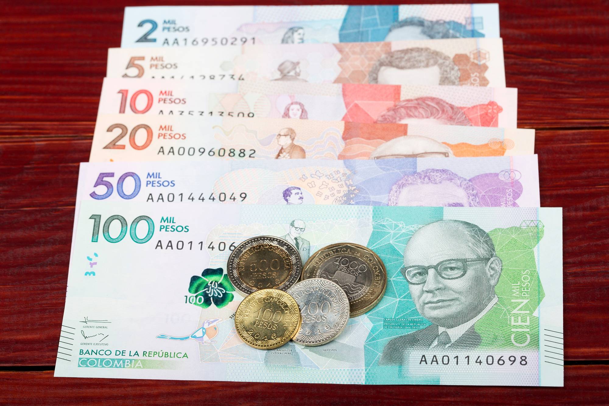 Colombian Pesos coins and banknotes